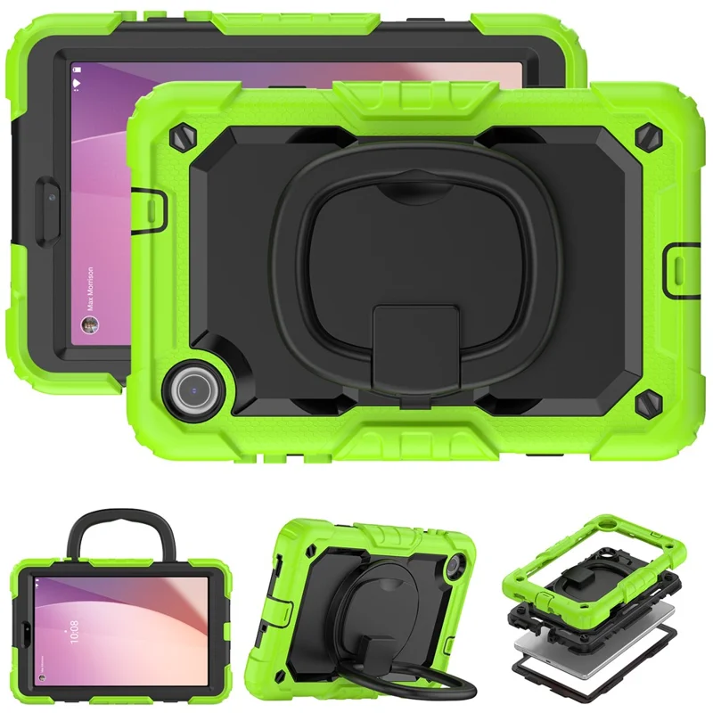 For Lenovo Tab M8 (4th Gen) 2024 TB-301XU / M8 (4th Gen) 2023 TB-300FU Case Rotary Kickstand Tablet Cover with Shoulder Strap - Yellowgreen