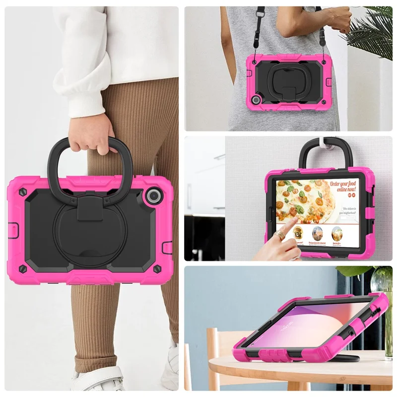 For Lenovo Tab M8 (4th Gen) 2024 TB-301XU / M8 (4th Gen) 2023 TB-300FU Case Rotary Kickstand Tablet Cover with Shoulder Strap - Rose