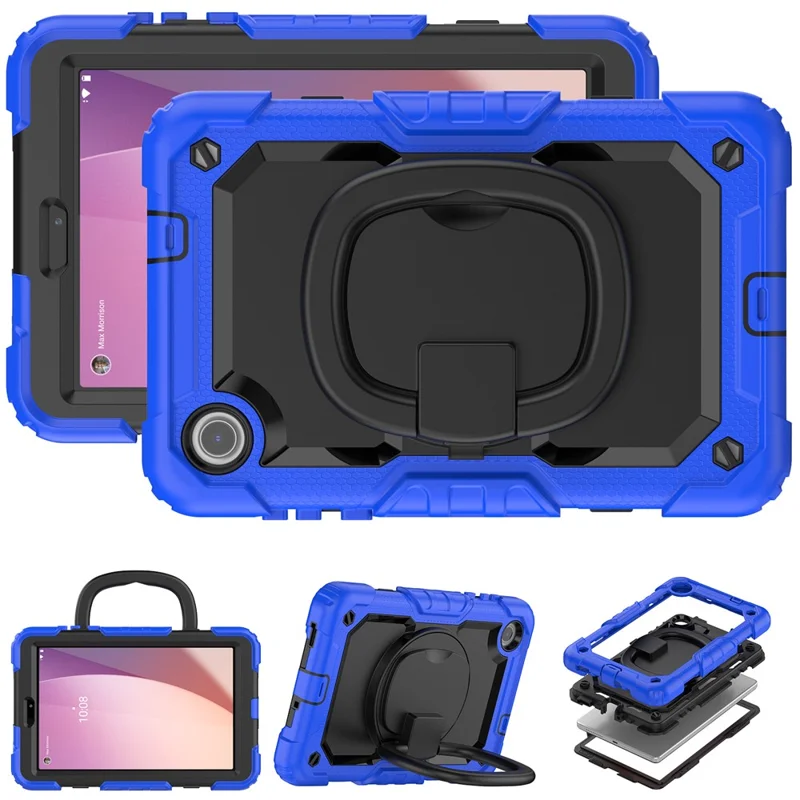 For Lenovo Tab M8 (4th Gen) 2024 TB-301XU / M8 (4th Gen) 2023 TB-300FU Case Rotary Kickstand Tablet Cover with Shoulder Strap - Dark Blue