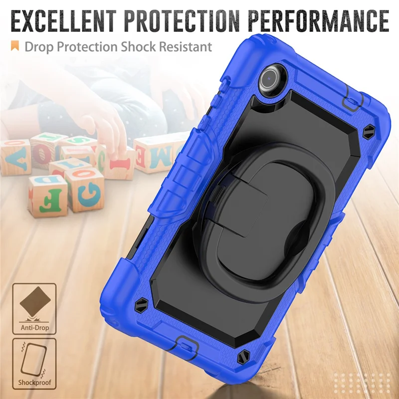 For Lenovo Tab M8 (4th Gen) 2024 TB-301XU / M8 (4th Gen) 2023 TB-300FU Case Rotary Kickstand Tablet Cover with Shoulder Strap - Dark Blue