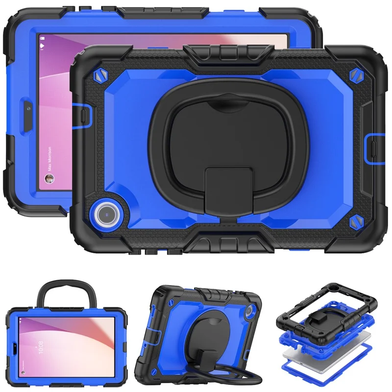 For Lenovo Tab M8 (4th Gen) 2024 TB-301XU / M8 (4th Gen) 2023 TB-300FU Case Rotary Kickstand Tablet Cover with Shoulder Strap - Black+Dark Blue PC