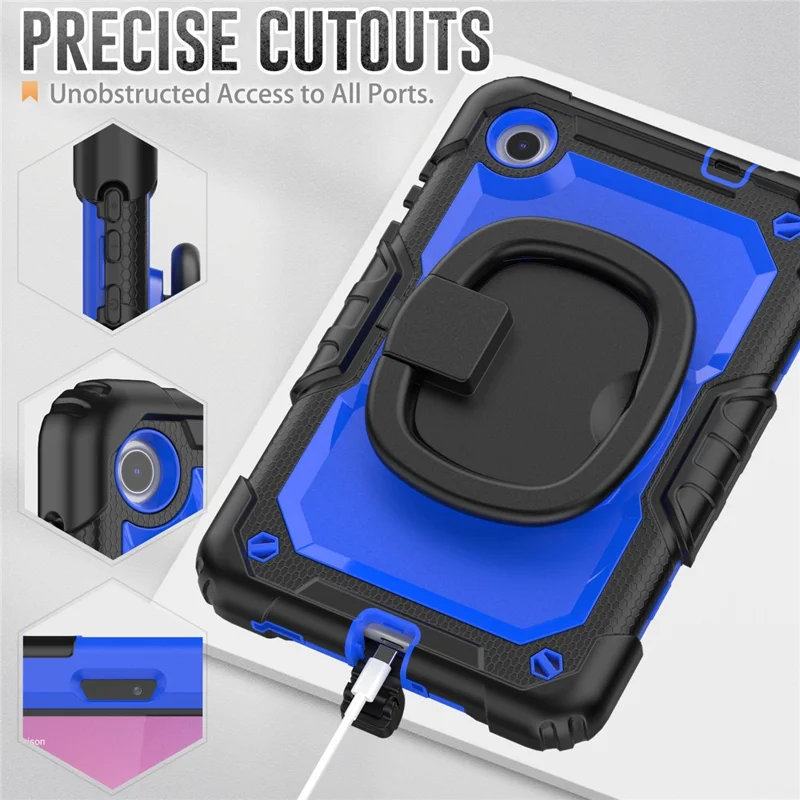 For Lenovo Tab M8 (4th Gen) 2024 TB-301XU / M8 (4th Gen) 2023 TB-300FU Case Rotary Kickstand Tablet Cover with Shoulder Strap - Black+Dark Blue PC