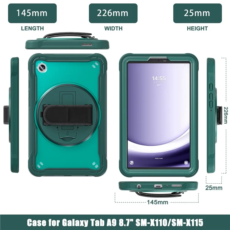 Per Samsung Galaxy Tab A9 Tablet Case 360 Grado Rotante Supporto Maniglia Copertura - Verde Mezzanotte