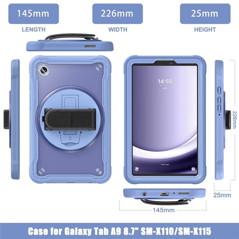 For Samsung Galaxy Tab A9 Tablet Case 360 Degree Rotary Kickstand Hand Strap Cover - Lavender Grey