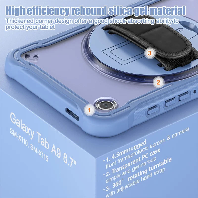 For Samsung Galaxy Tab A9 Tablet Case 360 Degree Rotary Kickstand Hand Strap Cover - Lavender Grey