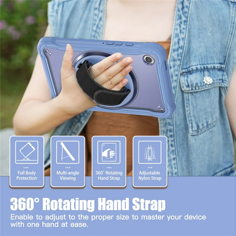 For Samsung Galaxy Tab A9 Tablet Case 360 Degree Rotary Kickstand Hand Strap Cover - Lavender Grey