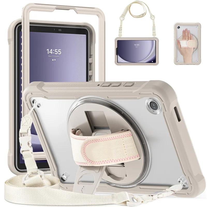 Para Samsung Galaxy Tab A9 Kickstand Case Hand Strap Tablet Cover Shoulder Strap - Khaki