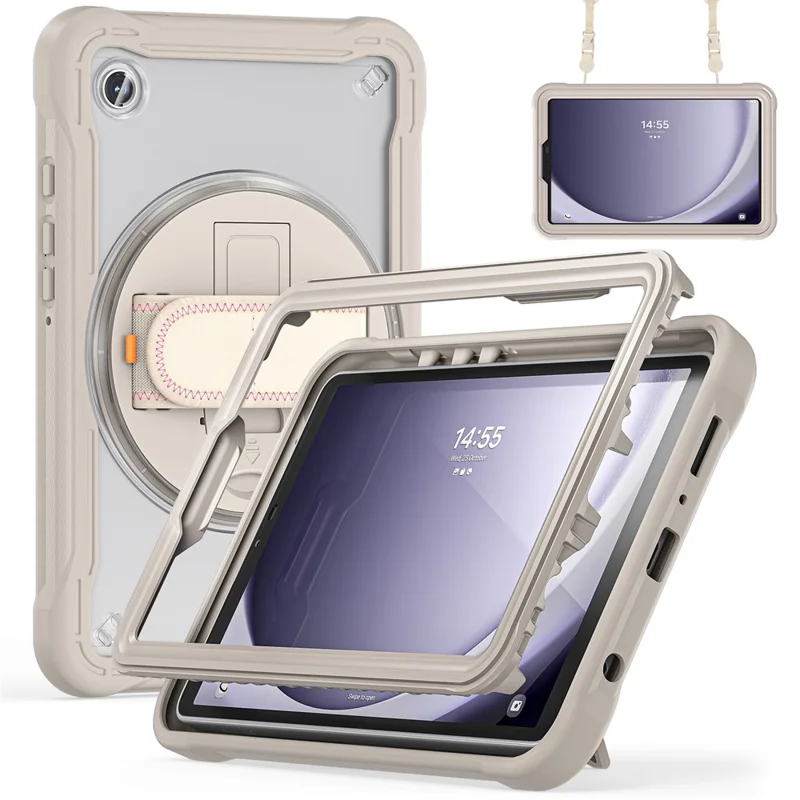 Para Samsung Galaxy Tab A9 Kickstand Case Hand Strap Tablet Cover Shoulder Strap - Khaki