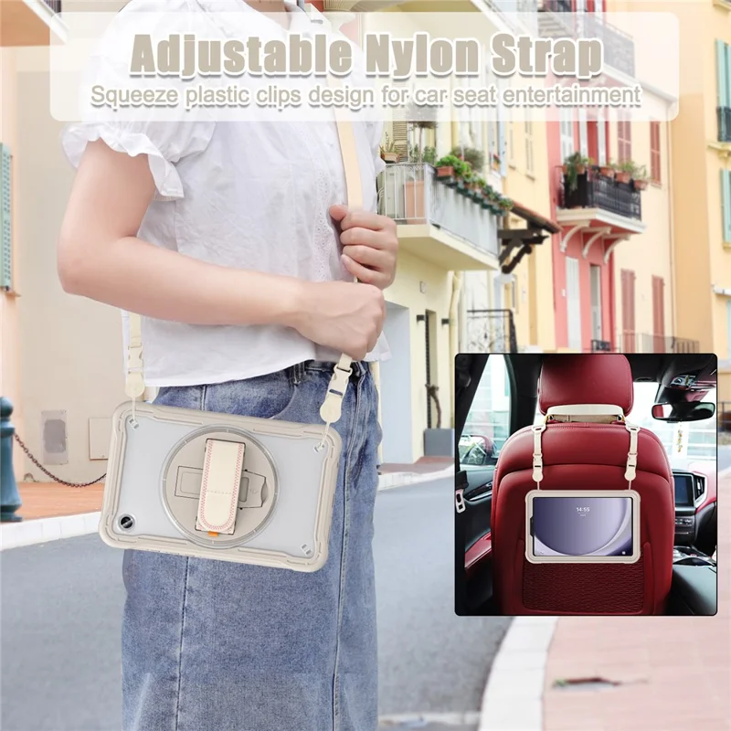 Para Samsung Galaxy Tab A9 Kickstand Case Hand Strap Tablet Cover Shoulder Strap - Khaki