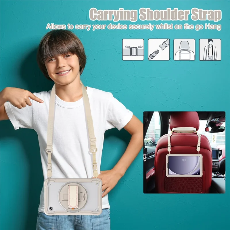 Para Samsung Galaxy Tab A9 Kickstand Case Hand Strap Tablet Cover Shoulder Strap - Khaki