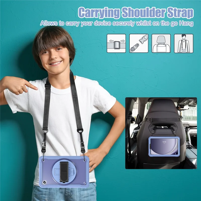 For Samsung Galaxy Tab A9 Kickstand Case Hand Strap Tablet Cover Shoulder Strap - Lavender Grey