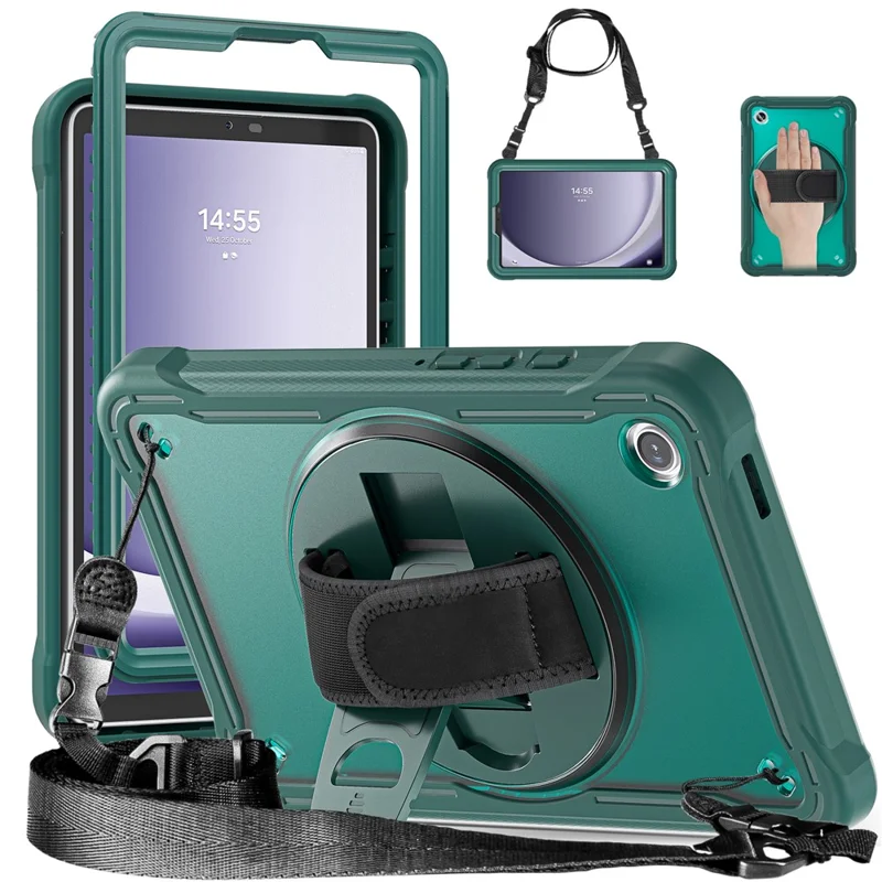 For Samsung Galaxy Tab A9 Kickstand Case Hand Strap Tablet Cover Shoulder Strap - Midnight Green