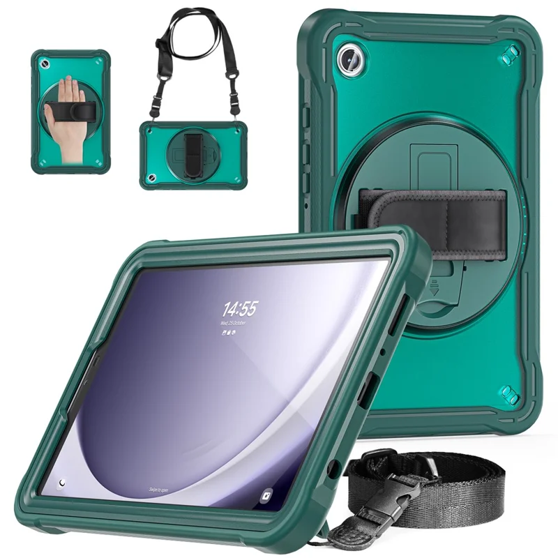 For Samsung Galaxy Tab A9 Kickstand Case Hand Strap Tablet Cover Shoulder Strap - Midnight Green