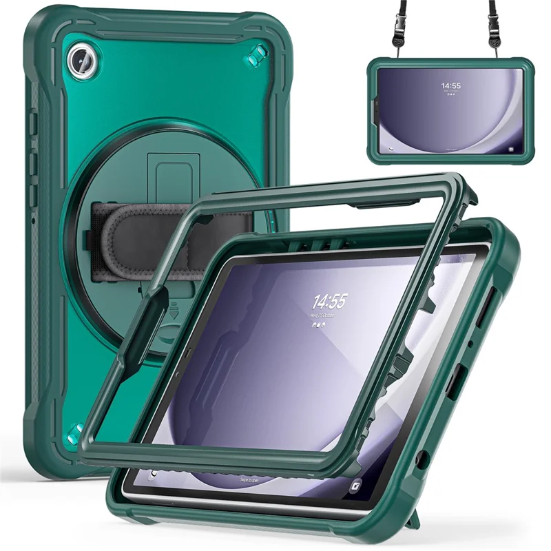 For Samsung Galaxy Tab A9 Kickstand Case Hand Strap Tablet Cover Shoulder Strap - Midnight Green