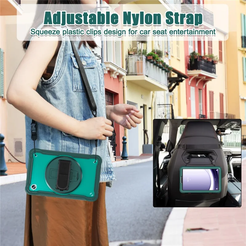 For Samsung Galaxy Tab A9 Kickstand Case Hand Strap Tablet Cover Shoulder Strap - Midnight Green