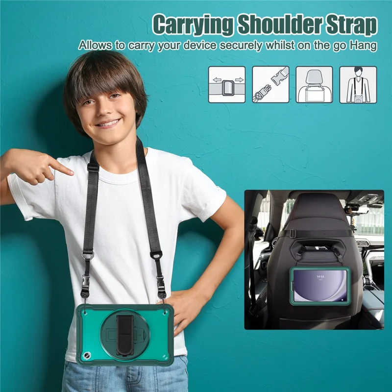 For Samsung Galaxy Tab A9 Kickstand Case Hand Strap Tablet Cover Shoulder Strap - Midnight Green