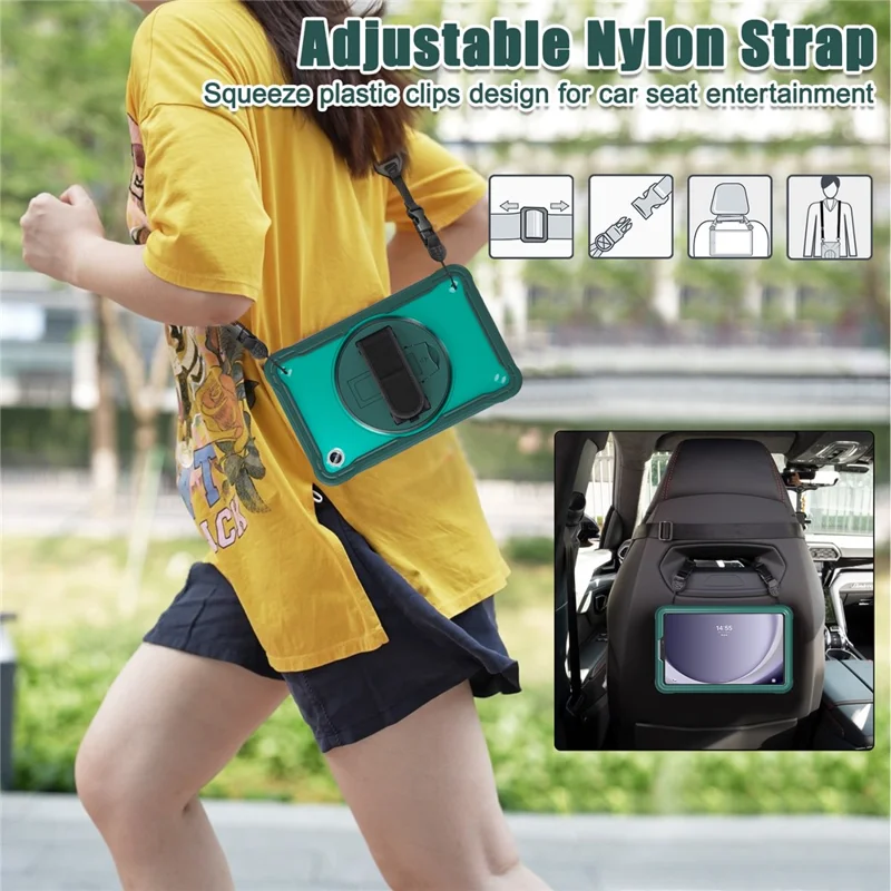 For Samsung Galaxy Tab A9 Kickstand Case Hand Strap Tablet Cover Shoulder Strap - Midnight Green