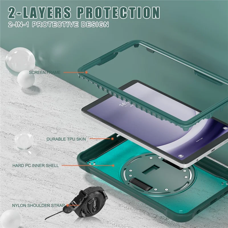 For Samsung Galaxy Tab A9 Kickstand Case Hand Strap Tablet Cover Shoulder Strap - Midnight Green