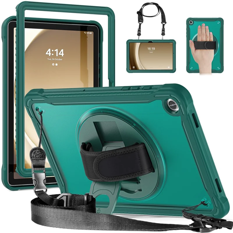 For Samsung Galaxy Tab A9+ Kickstand Tablet Case with Shoulder Strap Hand Strap - Midnight Green