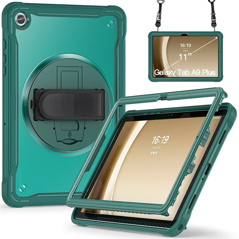 For Samsung Galaxy Tab A9+ Kickstand Tablet Case with Shoulder Strap Hand Strap - Midnight Green