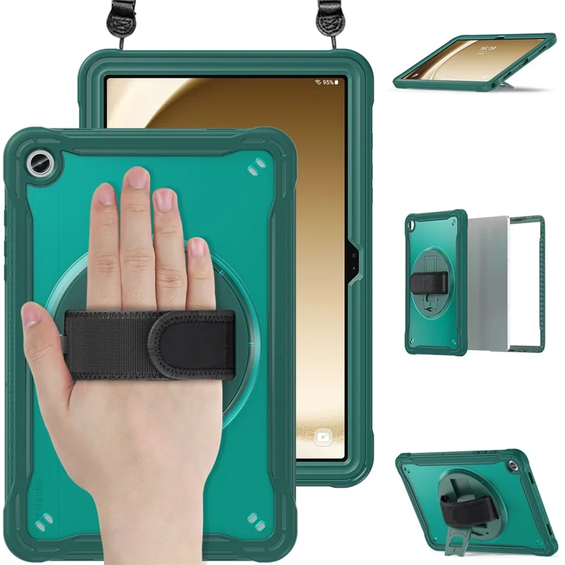 For Samsung Galaxy Tab A9+ Kickstand Tablet Case with Shoulder Strap Hand Strap - Midnight Green