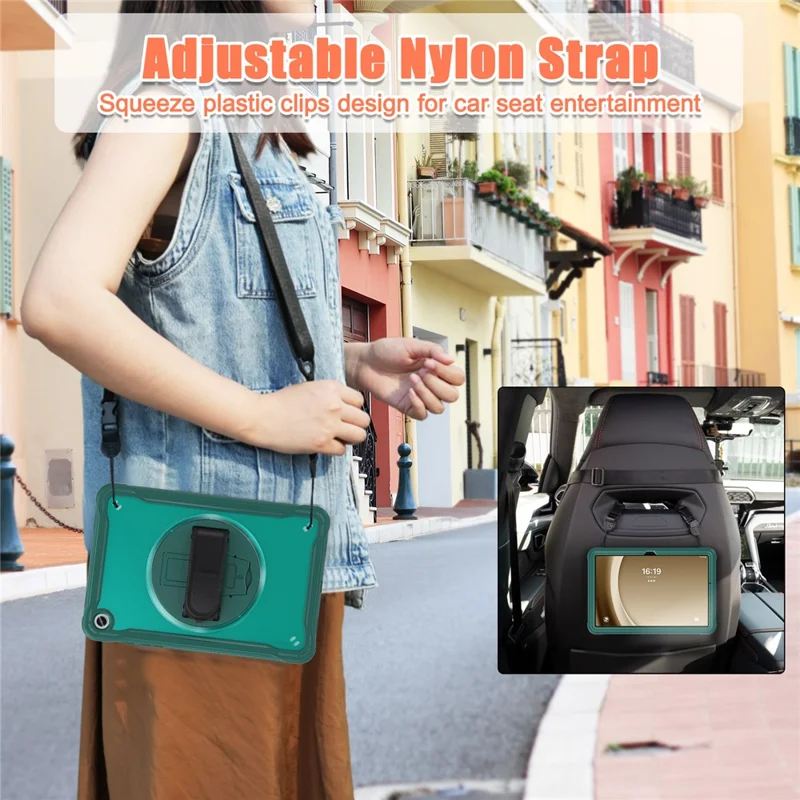 For Samsung Galaxy Tab A9+ Kickstand Tablet Case with Shoulder Strap Hand Strap - Midnight Green