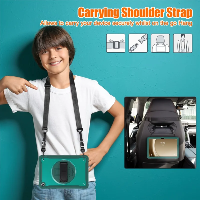 For Samsung Galaxy Tab A9+ Kickstand Tablet Case with Shoulder Strap Hand Strap - Midnight Green