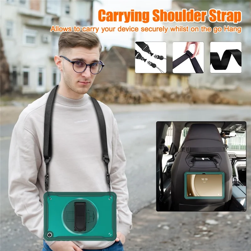 For Samsung Galaxy Tab A9+ Kickstand Tablet Case with Shoulder Strap Hand Strap - Midnight Green