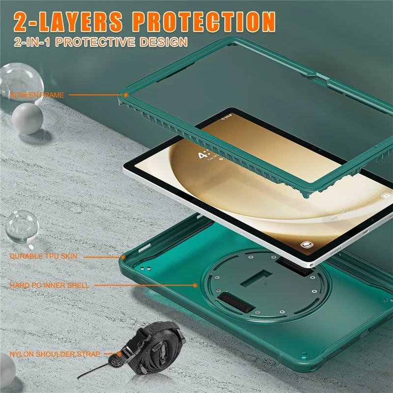 For Samsung Galaxy Tab A9+ Kickstand Tablet Case with Shoulder Strap Hand Strap - Midnight Green