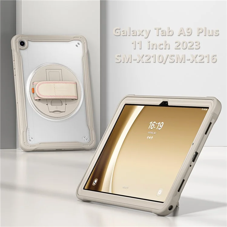 Funda para Samsung Galaxy Tab A9+ Tablet Carcasa PC+TPU Cubierta Pie de Apoyo Giratorio Correa de Mano - Caqui