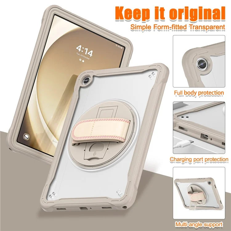 Funda para Samsung Galaxy Tab A9+ Tablet Carcasa PC+TPU Cubierta Pie de Apoyo Giratorio Correa de Mano - Caqui