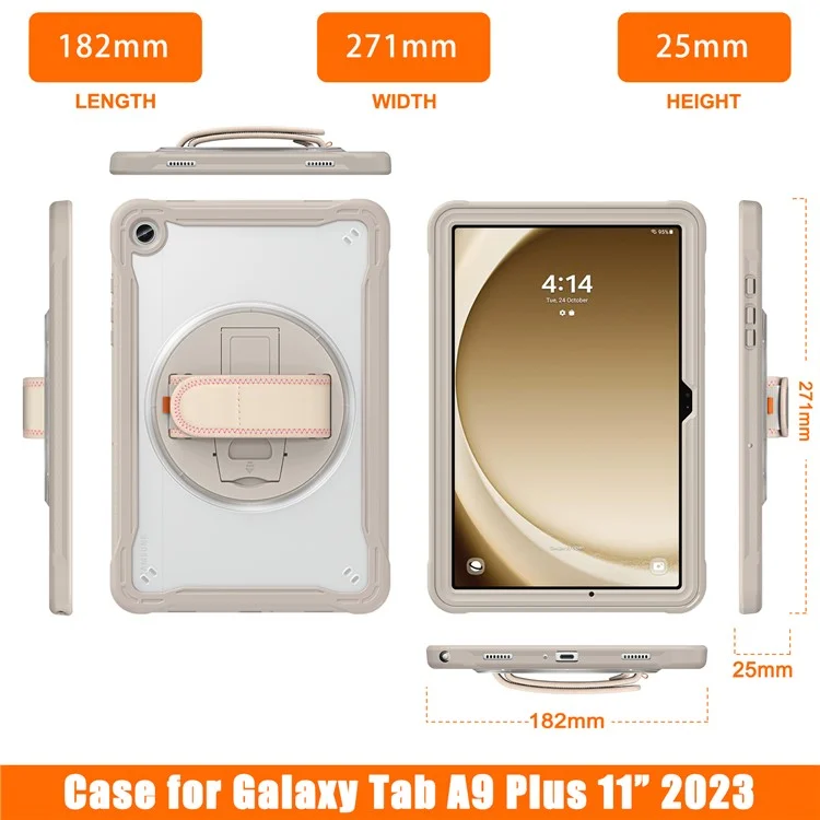 Funda para Samsung Galaxy Tab A9+ Tablet Carcasa PC+TPU Cubierta Pie de Apoyo Giratorio Correa de Mano - Caqui