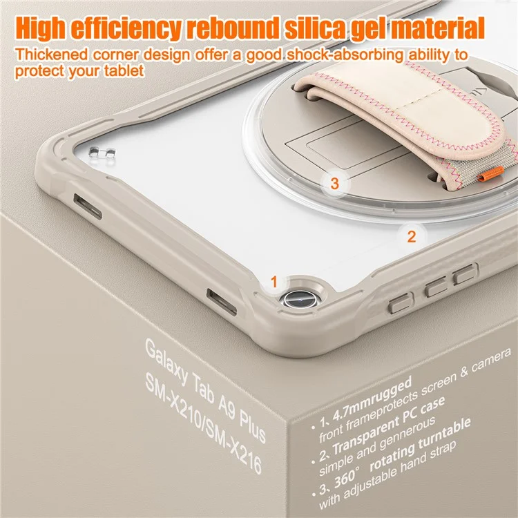 Funda para Samsung Galaxy Tab A9+ Tablet Carcasa PC+TPU Cubierta Pie de Apoyo Giratorio Correa de Mano - Caqui