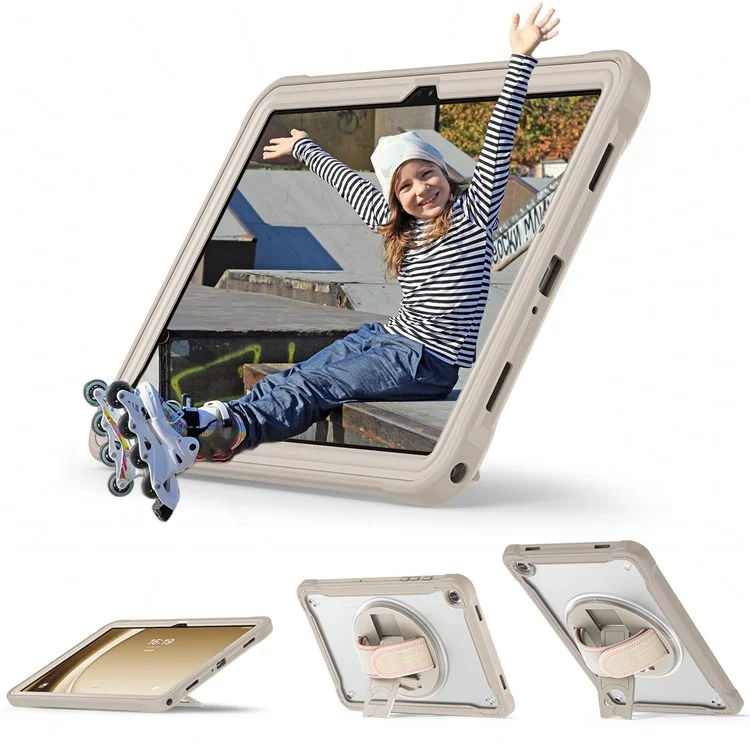 Funda para Samsung Galaxy Tab A9+ Tablet Carcasa PC+TPU Cubierta Pie de Apoyo Giratorio Correa de Mano - Caqui