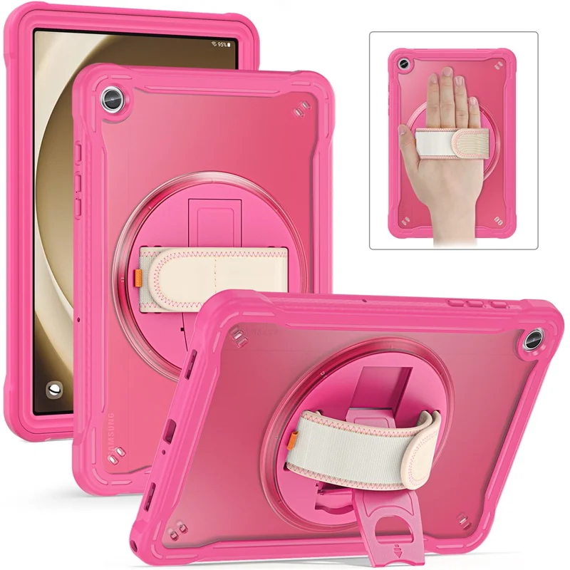 For Samsung Galaxy Tab A9+ Tablet Case PC+TPU Cover Rotary Kickstand Hand Strap - Rose