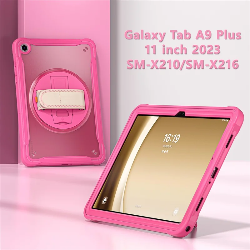 For Samsung Galaxy Tab A9+ Tablet Case PC+TPU Cover Rotary Kickstand Hand Strap - Rose