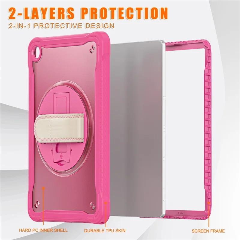 For Samsung Galaxy Tab A9+ Tablet Case PC+TPU Cover Rotary Kickstand Hand Strap - Rose