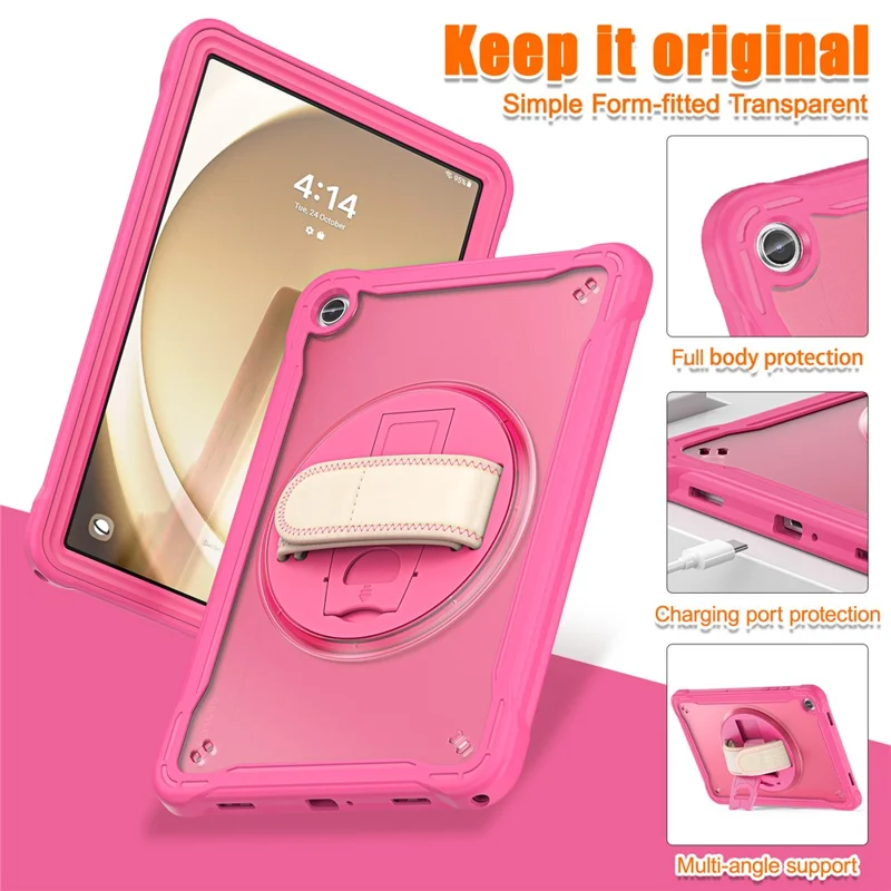For Samsung Galaxy Tab A9+ Tablet Case PC+TPU Cover Rotary Kickstand Hand Strap - Rose