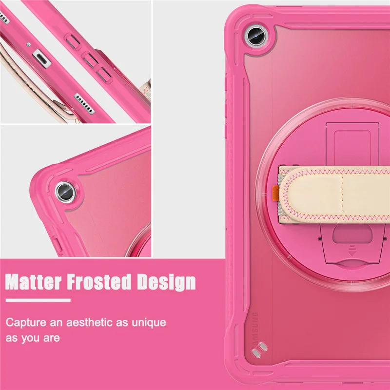 For Samsung Galaxy Tab A9+ Tablet Case PC+TPU Cover Rotary Kickstand Hand Strap - Rose