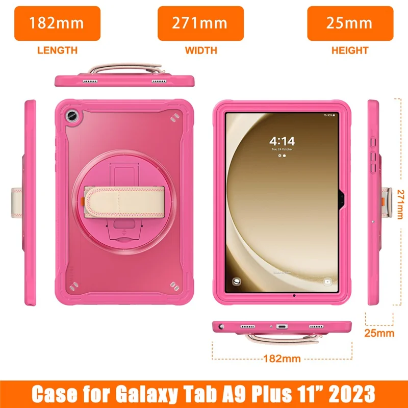 For Samsung Galaxy Tab A9+ Tablet Case PC+TPU Cover Rotary Kickstand Hand Strap - Rose