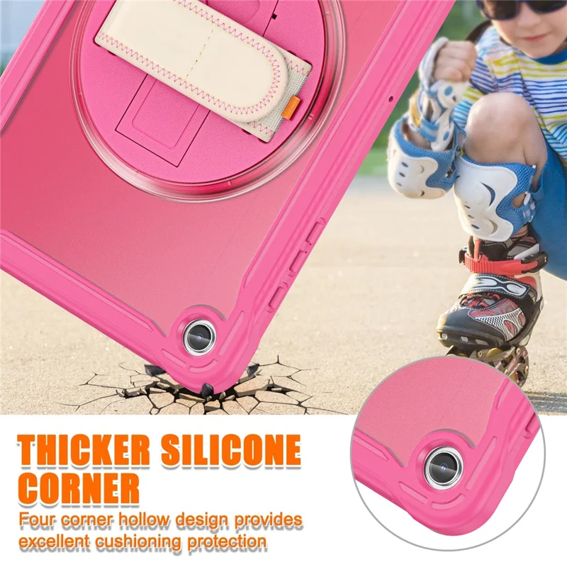 For Samsung Galaxy Tab A9+ Tablet Case PC+TPU Cover Rotary Kickstand Hand Strap - Rose