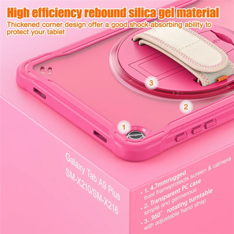 For Samsung Galaxy Tab A9+ Tablet Case PC+TPU Cover Rotary Kickstand Hand Strap - Rose