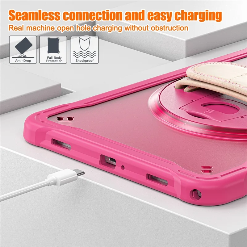 For Samsung Galaxy Tab A9+ Tablet Case PC+TPU Cover Rotary Kickstand Hand Strap - Rose