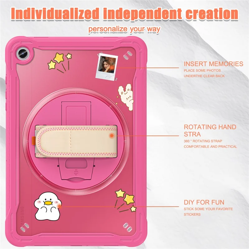 For Samsung Galaxy Tab A9+ Tablet Case PC+TPU Cover Rotary Kickstand Hand Strap - Rose