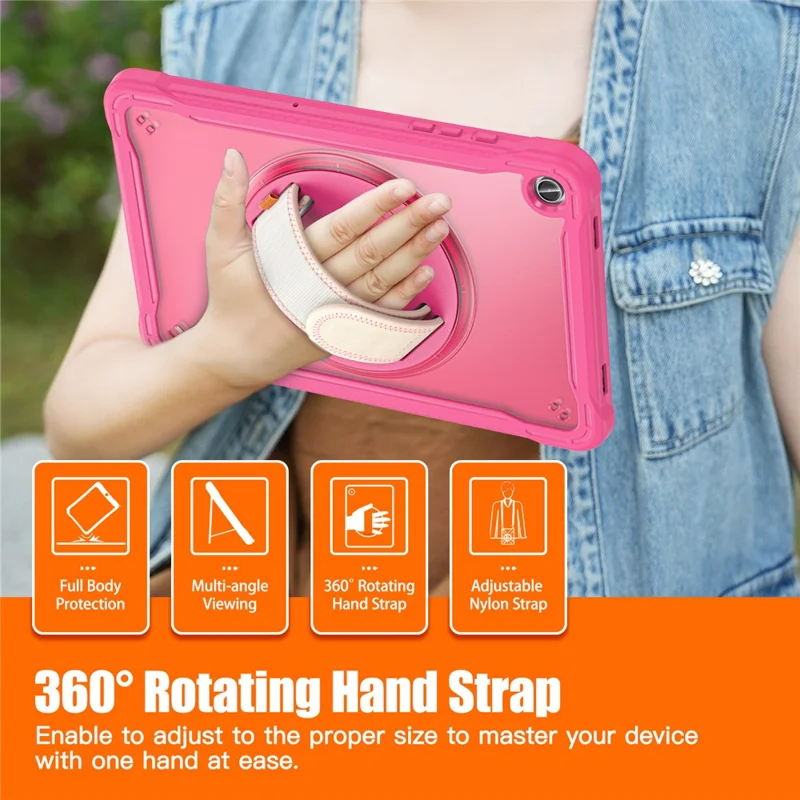 For Samsung Galaxy Tab A9+ Tablet Case PC+TPU Cover Rotary Kickstand Hand Strap - Rose