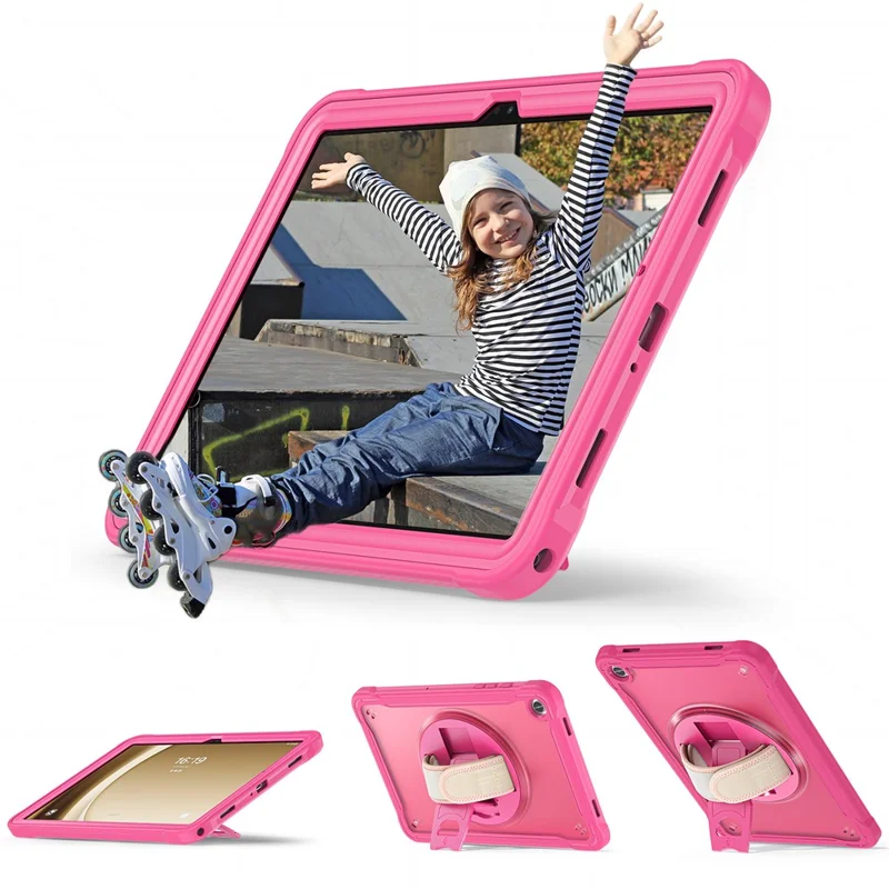 For Samsung Galaxy Tab A9+ Tablet Case PC+TPU Cover Rotary Kickstand Hand Strap - Rose