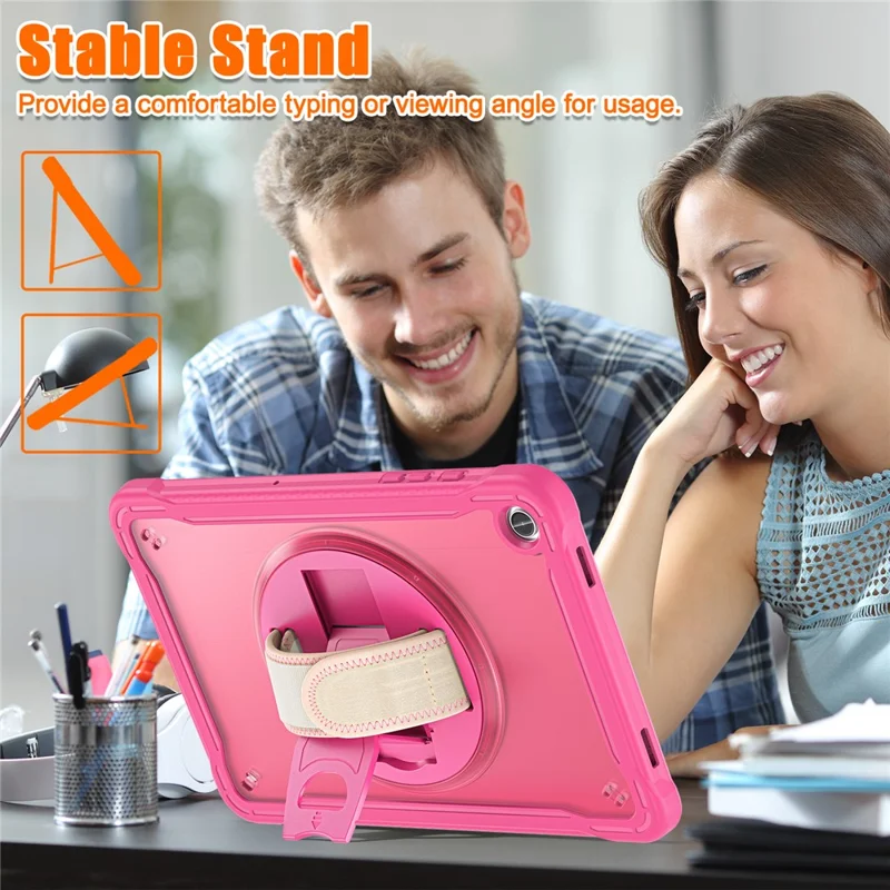 For Samsung Galaxy Tab A9+ Tablet Case PC+TPU Cover Rotary Kickstand Hand Strap - Rose