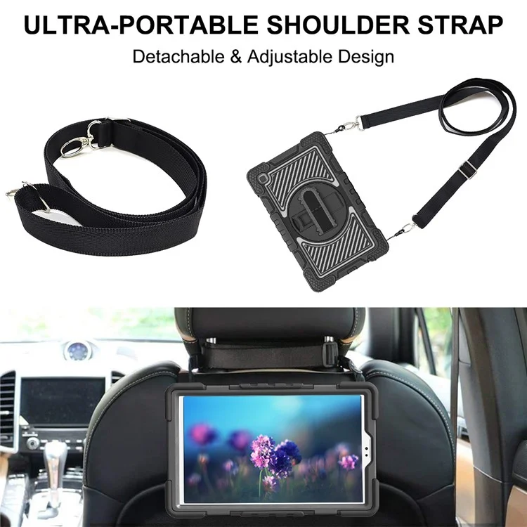 For Samsung Galaxy Tab A7 Lite 8.7-inch Tablet Case Kickstand Anti-Shock Cover with Shoulder Strap - All Black