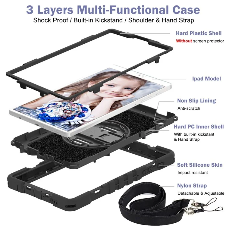 For Samsung Galaxy Tab A7 Lite 8.7-inch Tablet Case Kickstand Anti-Shock Cover with Shoulder Strap - All Black