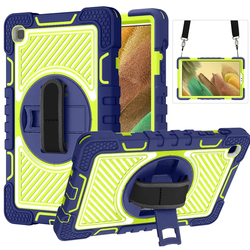 For Samsung Galaxy Tab A7 Lite 8.7-inch Tablet Case Kickstand Anti-Shock Cover with Shoulder Strap - Navy Blue+Yellow Green